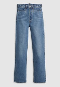 Jeans droit bleu clair en denim. Comprend une fermeture à bouton, cinq poches et un léger délavage. Pas d'ornements ni de motifs.