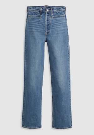 Jeansi drept, de culoare albastru deschis, din denim. Caracteristici: sistem de închidere cu buton, cinci buzunare și o ușoară decolorare. Fără broderii sau modele.