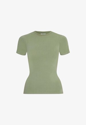 T-shirt vert ajusté à manches courtes avec un col rond, fabriqué en coton doux. Présente des accents de couture subtils.