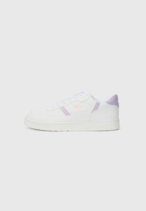 Hvide lædersneakers med lavendelaccenter, rund tå, perforeret detaljering og flad gummisål. Brandlogo på siden og hælen.