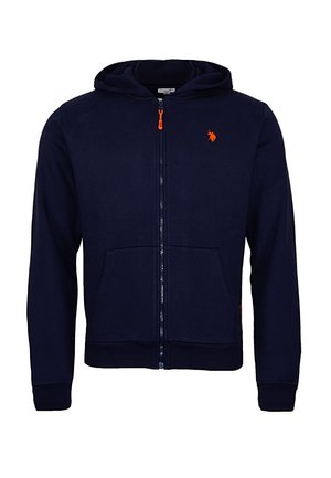 Navy blue zip-up hoodie with front pockets, long sleeves, hood, and small orange embroidered logo on the left chest.