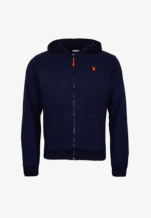 Sötétkék zipzáros kapucnis pulóver elülső zsebekkel, hosszú ujjakkal, kapucnival, és egy kis narancssárga hímzett logóval a bal mellen.