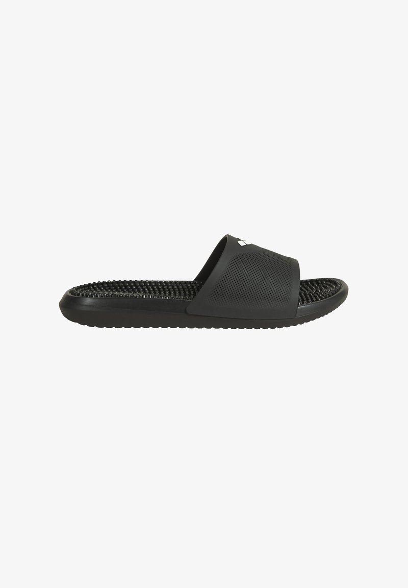 Black slide sandals featuring a textured upper, perforated design, and a ridged sole for grip. Logo detail on the strap.
