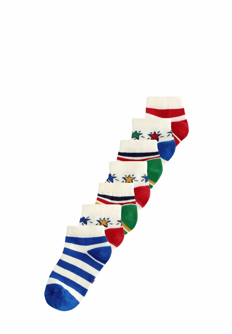 Set aus sechs Kindersocken in verschiedenen Farben. Merkmale sind Streifen, Sternmuster und gerippte Bündchen. Das Material besteht aus Baumwollgemisch.