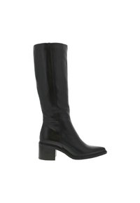 Bottes noires en cuir jusqu'au genou avec un bout carré et un talon carré. Texture lisse, détails minimalistes et silhouette ajustée.