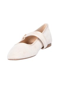 Ballerine in suede beige con punta arrotondata, doppia cinturino sul dorso del piede e tacco piccolo e piatto in gomma.