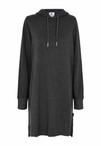Hoodie-Kleid aus dunkelgrauem Stoff, mit langen Ärmeln, einer Fronttasche, verstellbaren Kordeln und seitlichen Schlitzen am Saum.