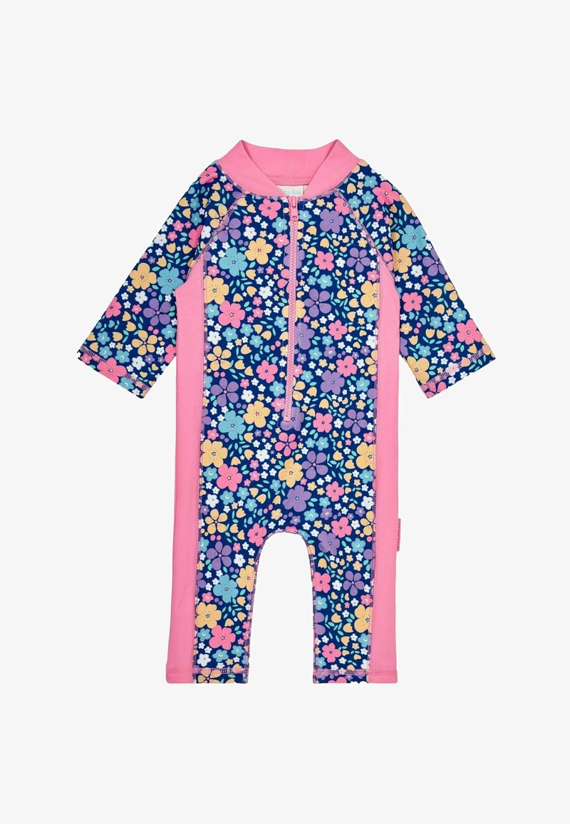 Badeanzug mit Blumenmuster in Blau mit pinken Akzenten. Verfügt über einen Reißverschluss vorne und lange Ärmel. Hergestellt aus dehnbarem, leichtem Stoff.