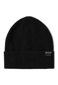 Black knitted beanie with a folded cuff, featuring a small textured leather patch on the side. Soft material, simple design, and durable construction.