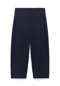 Marina blå skräddarsydda byxor med en slät yta, som har bälteshällor och två bakfickor. Rakt skuren med en minimalistisk design.