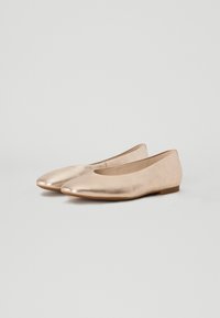 Scarpe flat in oro metallico con punta affusolata, tacco flat sottile e superficie liscia. Presentano un profondo taglio ai lati.