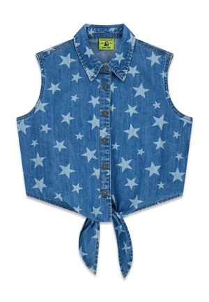 Sleeveless blue denim shirt with front buttons, all-over pale star pattern, collar, and tied knot at the hem.