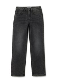Jeans de mezclilla negros de pierna recta con cinco bolsillos y trabillas para cinturón, que presentan sutiles detalles de lavado desgastado.