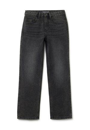 Jeans de mezclilla negros de pierna recta con cinco bolsillos y trabillas para cinturón, que presentan sutiles detalles de lavado desgastado.