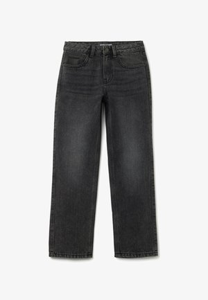 Jeans in denim neri a gamba dritta con cinque tasche e passanti per cintura, caratterizzati da leggere sfumature sbiadite.