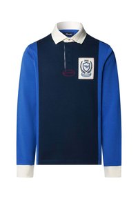 Long-sleeve rugby shirt with navy center panel, blue sleeves, white collar and cuffs, and a 1950 logo patch on the left chest.