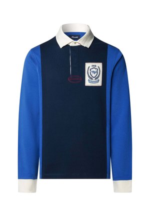 Camisa de rugby de manga larga con panel central en azul marino, mangas azules, cuello y puños blancos, y un parche con el logo de 1950 en el lado izquierdo del pecho.