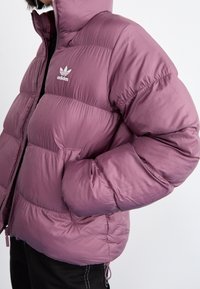 Puffjacka i mauve, med hög krage, dragkedjestängning och elastiska ärmmuddar. Adidas-logotyp i vitt på övre vänstra sidan. Strukturerad yta.