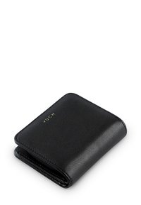Black leather wallet with a textured finish. Features a gold embossed logo and a compact, folded design with a zip closure.