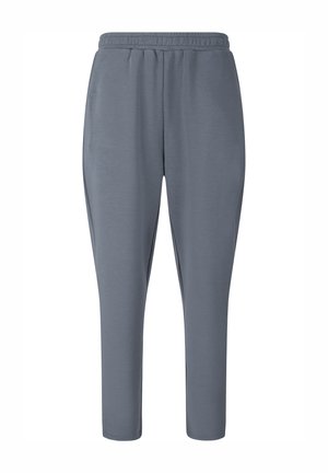 Grijze taps toelopende joggingbroek met elastische tailleband, gladde stof en details in de vorm van een voornaad, afgebeeld tegen een witte achtergrond.