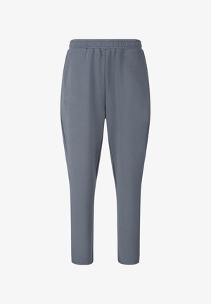 Grijze taps toelopende joggingbroek met elastische tailleband, gladde stof en details in de vorm van een voornaad, afgebeeld tegen een witte achtergrond.