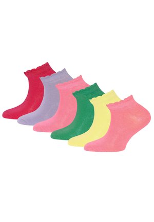 Six ankle-length socks in a row, each a different color: red, lavender, pink, green, yellow, and light pink with scalloped tops.