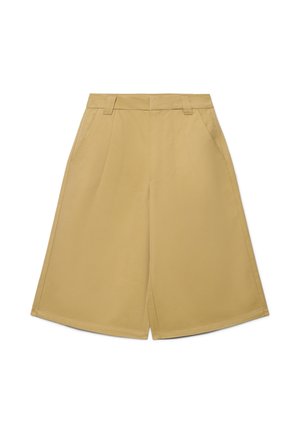 Pantaloncini beige a gamba larga fino al ginocchio con passanti per cintura, tasche frontali e cucitura centrale frontale.
