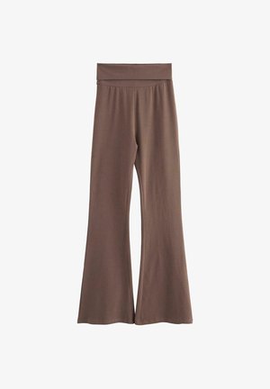 Brune flarebukser lavet af blødt, strækbart stof med en bred talje og glat tekstur, designet til komfort og bevægelsesfrihed.