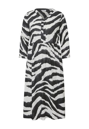 Musta-valkoinen seepra-kuvioinen mekko, jossa on V-aukko, kolme neljäsosapituista hihaa ja kerrottu vyötärö. Valmistettu kevyestä kankaasta.