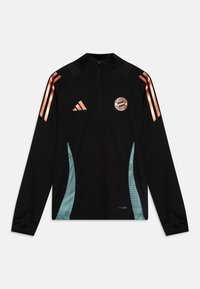 Musta pitkähihainen urheilupaita, jossa on puolivetoketju, oranssitRaidat, FC Bayern München -logo sekä tehostevärinä turkooseja paneeleja, joissa on geometrinen kuvio.