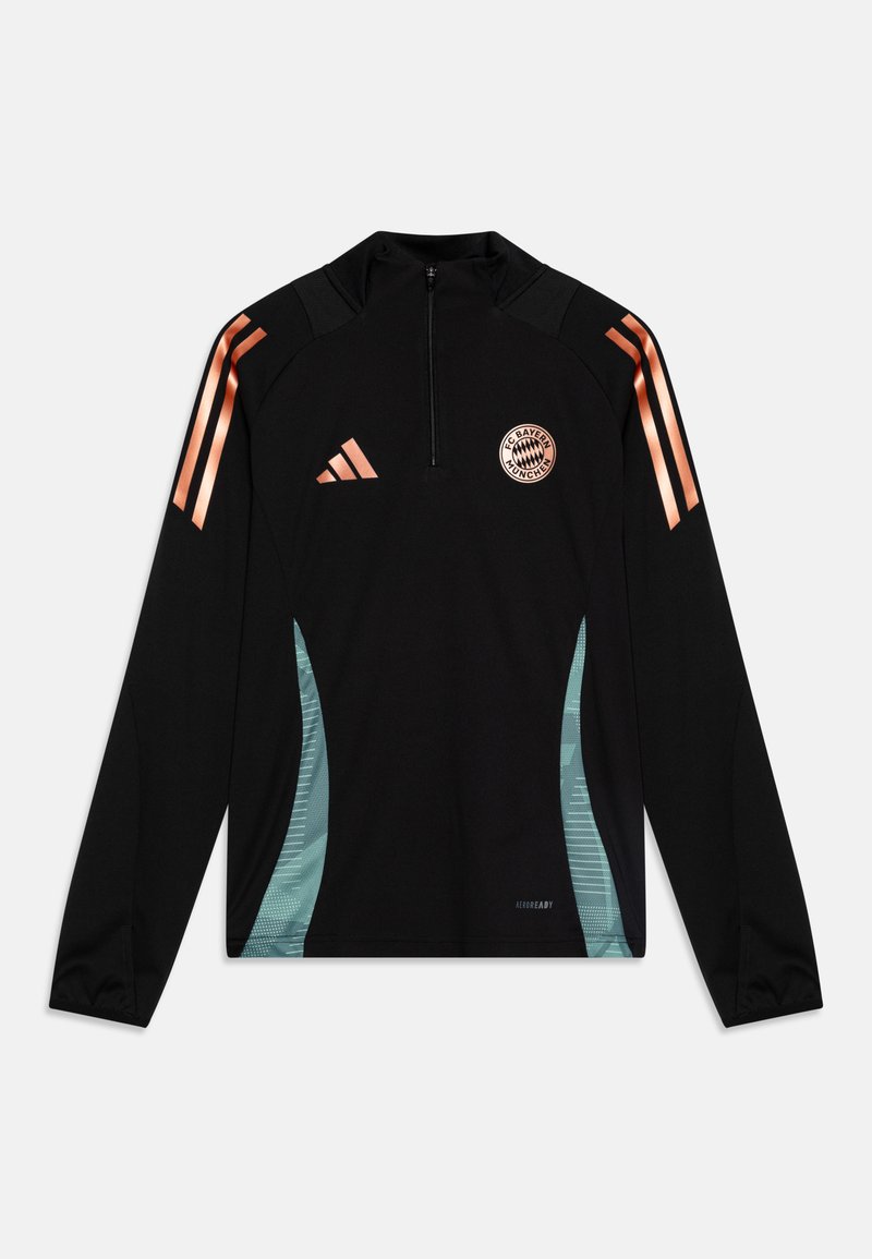 Svart långärmad sporttröja med halvdragkedja, med orange ränder, en FC Bayern München-logotyp och turkosa accentpaneler med ett geometriskt mönster.