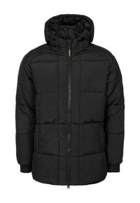 Černá péřová bunda s uzávěrem na zip, kapucí a pružnými manžetami. Obsahuje prošívaný design a boční kapsy pro zvýšení praktičnosti.