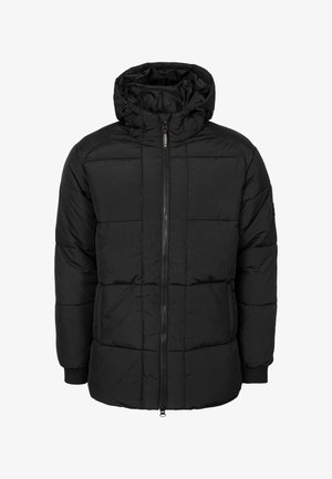 Schwarze Steppjacke mit Reißverschluss, Kapuze und gerippten Bündchen. Verfügt über ein gestepptes Design und seitliche Taschen für zusätzlichen Komfort.