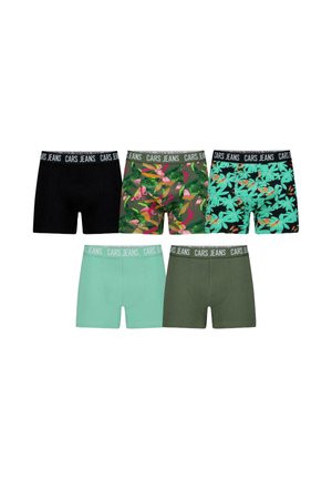 Vijf paren mannenboxershorts: zwart, groen, muntgroen en twee met een patroon met bloemen en tropische kleuren. Cars Jeans tailleband.