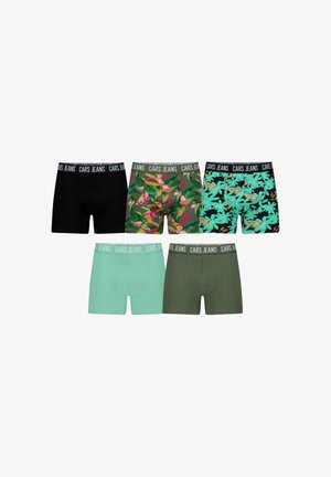 Vijf paren mannenboxershorts: zwart, groen, muntgroen en twee met een patroon met bloemen en tropische kleuren. Cars Jeans tailleband.