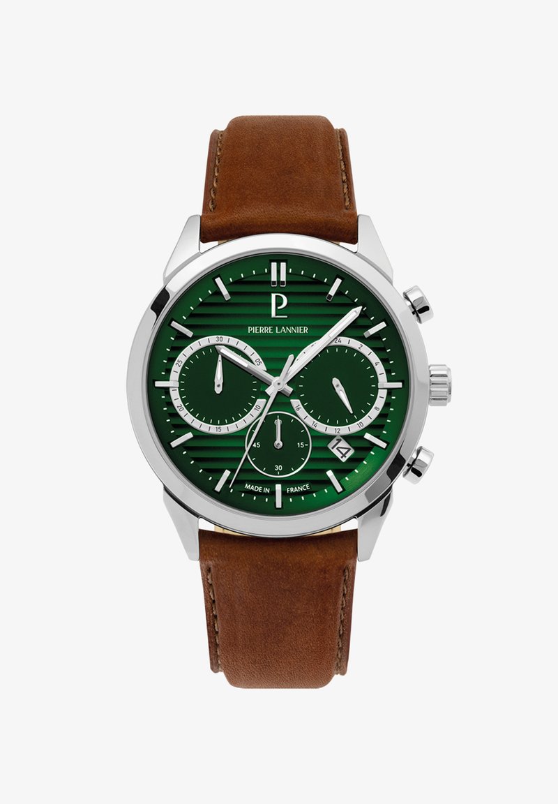 Chronograf hodin s zeleným proužkovaným ciferníkem, stříbrným pouzdrem a hnědým koženým řemínkem. Obsahuje bílé subciferníky a zobrazení data na 4 hodinách.