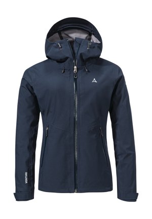 Navyblaues, kapuzenbewehrtes Outdoor-Jacke mit Frontreißverschluss, verstellbaren Kapuzenzugbändern, seitlichen Reißverschlusstaschen und Klettverschluss-Handgelenkriemen.