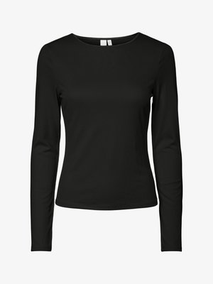 Black long-sleeve top made of smooth fabric, featuring a classic crew neck and a fitted design with no visible patterns or embellishments.