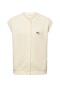 Crèmekleurige gebreide vest met een gestructureerd patroon, ronde halslijn en knoopsluiting aan de voorkant. Inclusief een klein kleurrijk logo-embleem.