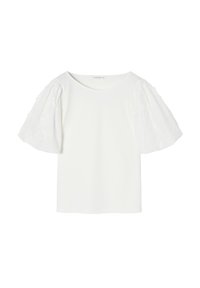 Weißes Kurzarmoberteil mit rundem Ausschnitt. Puffärmel aus strukturiertem, besticktem Stoff. Glattes Obermaterial, minimalistisches Design.