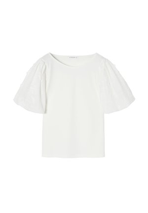 Hvid kortærmet top med rund halsudskæring. Puffærmer lavet af tekstureret, broderet stof. Glat kropsstof, minimalistisk design.
