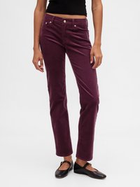 Pantalon en velours côtelé violet, coupe droite, cinq poches, fermeture par bouton, doté d'une texture douce et d'un éclat subtil.