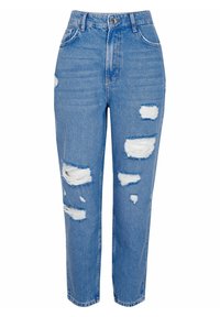 Jasnoniebieskie dżinsy o wysokim stanie, z postrzępionymi wycięciami na udach i kolanach, prosty krój nogawek.