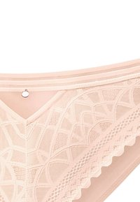 Nude panties met kantafwerking en gedetailleerde patronen, voorzien van een soepele textuur en een V-vormig ontwerp aan de voorkant. Inclusief zilveren hardwareaccent.