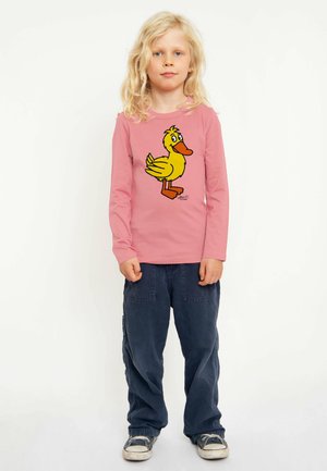 Pink long-sleeve shirt featuring a cartoon yellow duck graphic, worn with navy cargo pants and black sneakers on a child standing against a white background.