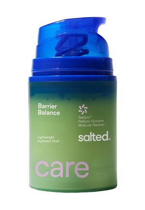 Bottle of lightweight hydration fluid with blue pump, labeled Barrier Balance, SeaSync prebiotic ferments, molecular plankton, and salted care.