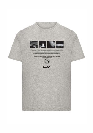Gray cotton t-shirt featuring NASA branding, photographic prints of space imagery, and text in black. Crew neckline and short sleeves.