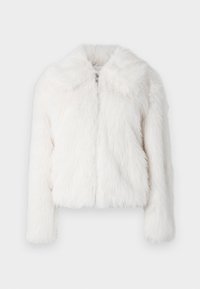 Giacca in pelliccia artificiale bianca con una morbida e soffice texture, design corto e ampio colletto. Presenta una chiusura con zip frontale e maniche lunghe.