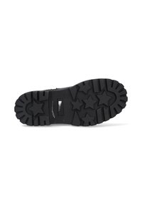 Suela de zapato de goma negra con tracción en patrón de estrellas. Presenta un diseño robusto y un perfil plano, adecuado para la durabilidad y la estabilidad.