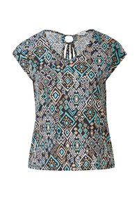 Korte mouw top van lichtgewicht stof, met een multicultureel geometrisch patroon met turquoise, zwart en beige accenten. Detail met een sleutelgat-halslijn.